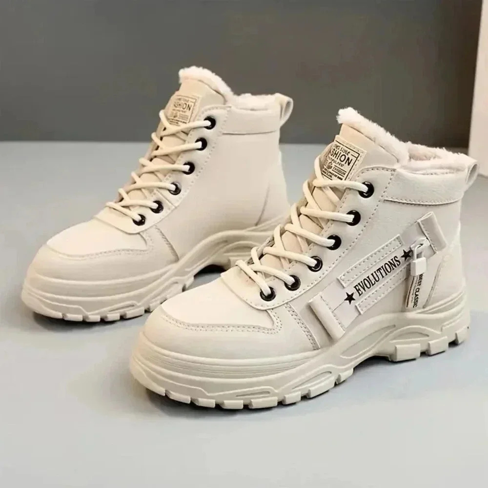 Women's Cream Combat Boots Ankle Zip Plush Lined Winter Casual